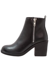 Black ankle boot made of sleek leather, featuring a side zipper, rounded toe, and a textured block heel for added stability.