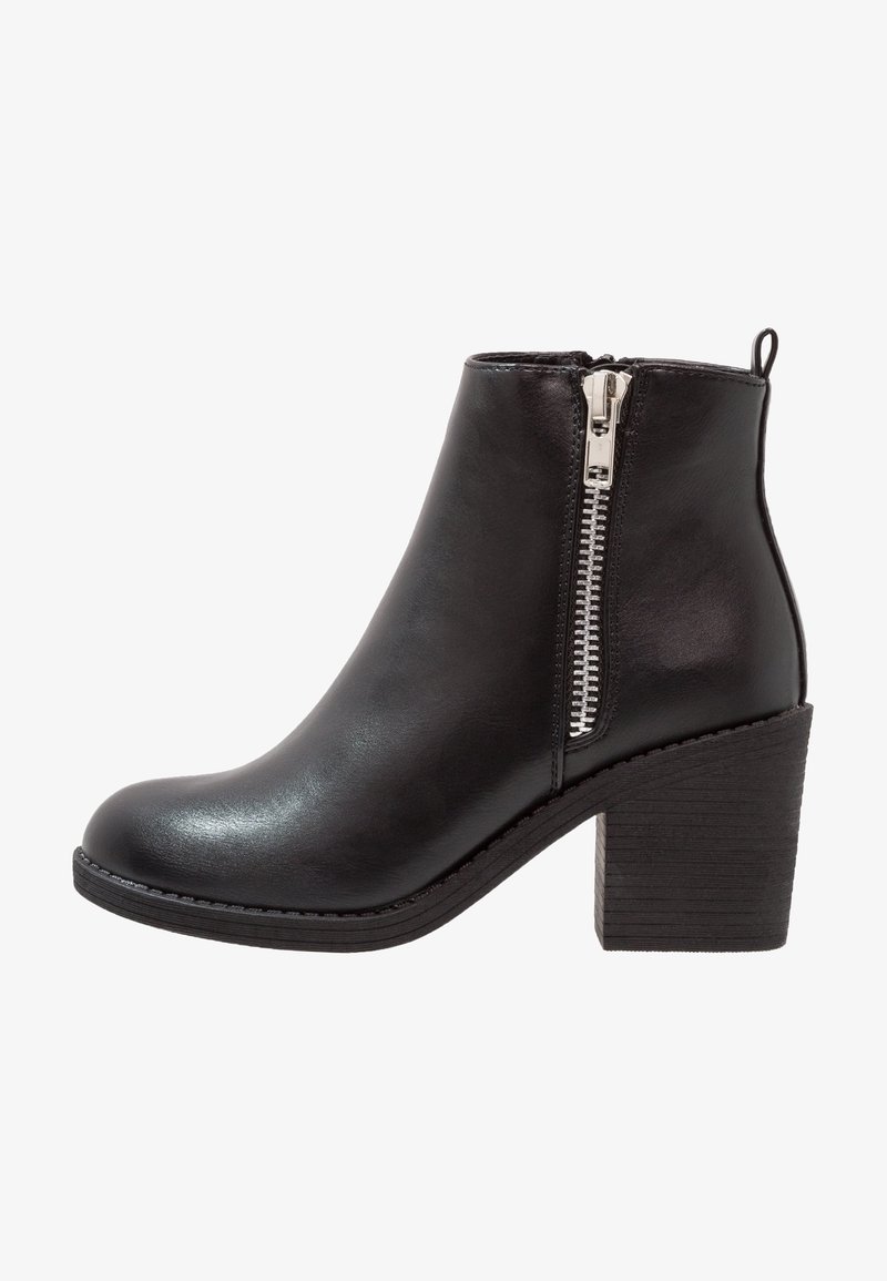 Black ankle boot made of sleek leather, featuring a side zipper, rounded toe, and a textured block heel for added stability.