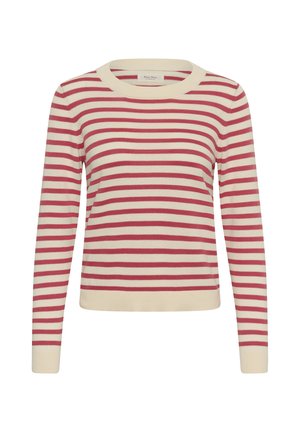Dugačka pulover od pletenine s horizontalnim prugama u boji vrhnja i crvene, s rebrastim okruglim izrezom, manšetama i rubom.