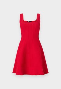 Robe en tricot sans manches rouge avec décolleté carré, corsage ajusté en côtes, jupe évasée et d�étail de ourlet légèrement volé.