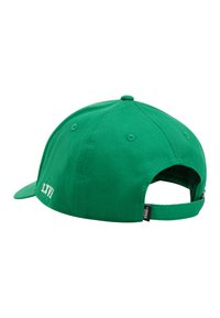 Gorra de béisbol verde con visera curvada, material de algodón, correa trasera ajustable y logo blanco en el lado.