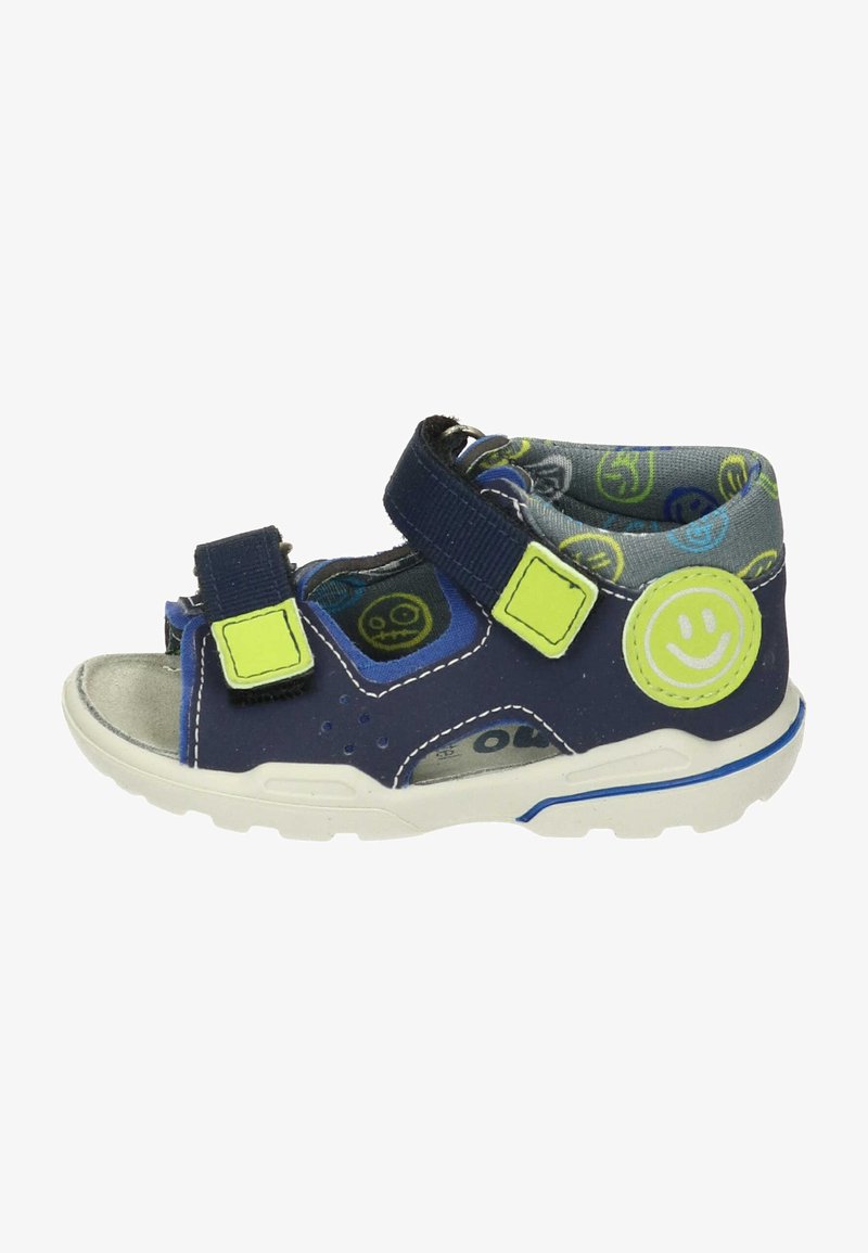 Navyblaue Sandale mit offenen Zehen, verstellbaren Riemen und einem Smiley-Gesicht-Detail. Verfügt über eine strukturierte Sohle und eine farbenfrohe Innensohle mit grafischen Mustern.