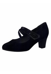 Zapato Mary Jane de ante negro con puntera redondeada, una correa decorativa y un tacón texturizado. Presenta un acabado suave y acentos sutiles.