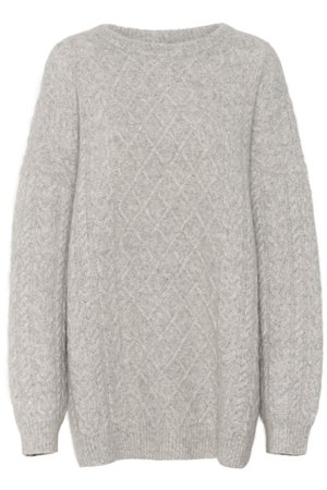 Maglione grigio chiaro a trama cable knit, con maniche lunghe, scollo rotondo e motivo testurizzato; vestibilità ampia con polsini e orlo a coste.