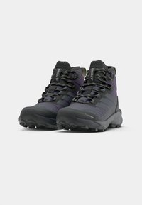 Purple and black hiking boots with textured fabric, rubber sole, and reinforced toe. Features lacing system and patterned accents.