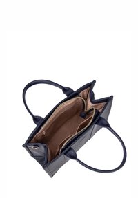 Navy leren handtas met een gestructureerde buitenkant, dubbele handgrepen en een ruime beige binnenkant met rits- en insteekcompartimenten.