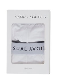 Hvide bomuldsunderbukser i gennemsigtig plastemballage. Har en sort elastisk talje med teksten "CASUAL FRIDAY". Indeholder to par.
