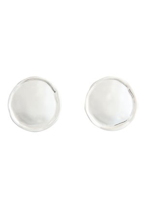 Two shiny, round, silver-colored stud earrings with smooth, slightly irregular surfaces on a white background.