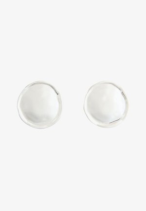 Two shiny, round, silver-colored stud earrings with smooth, slightly irregular surfaces on a white background.