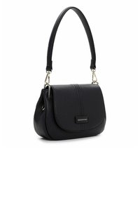 Borsa a tracolla in pelle nera con forma strutturata, superficie texturizzata, manico superiore e accessori in tonalità argentata. Presenta una patta frontale e un dettaglio con logo.