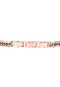 Bracciale in metallo color oro rosa con maglie piatte e chiusura a scatola. Presenta il nome del marchio "MORELLATO" inciso in una sezione lucidata.
