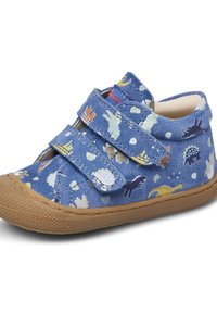 Scarpe di stoffa blu con stampa di dinosauri e animali, con doppie fascette in velcro, suola in gomma e punta arrotondata. Texture morbida e design casual.