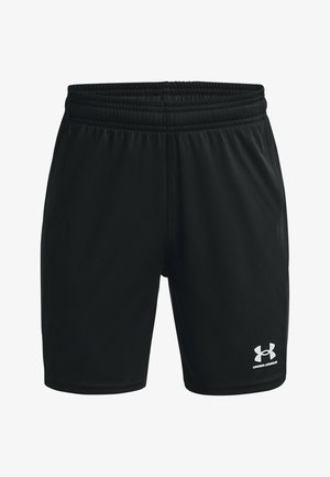 Črne atletske kratke hlače z elastičnim pasom, gladko teksturo in belim logotipom Under Armour na spodnji desni strani.