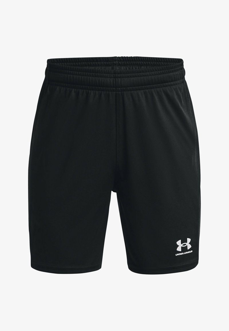 Čierne športové šortky s elastickým pásom, hladkou textúrou a bielym logom Under Armour na dolnej pravej strane.