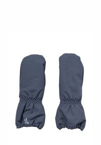 Graue Fäustlinge aus einem strukturierten Stoff, mit elastischem Bündchen und kleinem Logodetail. Abgerundete Form, die für Handabdeckung und Wärme sorgt.