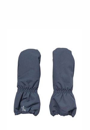 Graue Fäustlinge aus einem strukturierten Stoff, mit elastischem Bündchen und kleinem Logodetail. Abgerundete Form, die für Handabdeckung und Wärme sorgt.