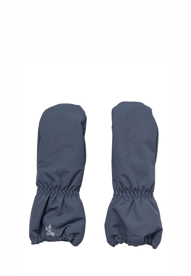 Graue Fäustlinge aus einem strukturierten Stoff, mit elastischem Bündchen und kleinem Logodetail. Abgerundete Form, die für Handabdeckung und Wärme sorgt.