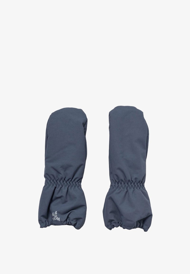 Gray mittens with a textured fabric, elasticated cuff, and small logo detail. Rounded shape designed for hand coverage and warmth.