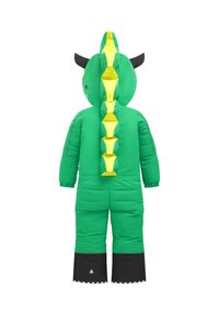 Groene gewatteerde overall met zwarte accenten, een gele spike detail op de achterkant en dierenachtige oren op de capuchon.