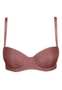 Mauve trådlös behå med släta, vadderade kupor och justerbara satängremmar; har en sömlös design och subtila sömnadsdetaljer.