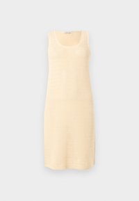 Αμάνικο πλεκτό φόρεμα σε εκρού χρώμα με λαιμόκοψη σε σχήμα λαιμού και ίσιο τελείωμα, με υφασμένο μοτίβο κροσέ σε όλο το φόρεμα.