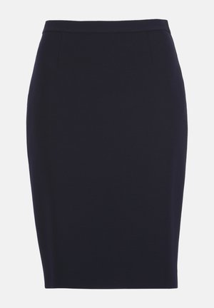 Czarna ołówkowa spódnica o długości do kolan, z dopasowaną talią, bez widocznych wzorów ani ozdób na jednolitym tle.