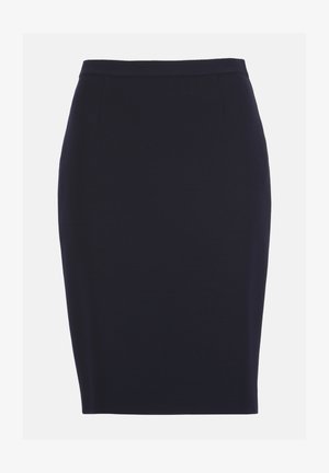 Zwarte kokerrok tot op de knie met een aansluitende taille en zonder zichtbare patronen of versieringen op een effen achtergrond.