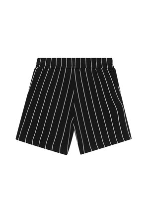 Sorte shorts med hvide lodrette nålestriber, elastisk taljebånd og sidelommer, lagt fladt mod en hvid baggrund.