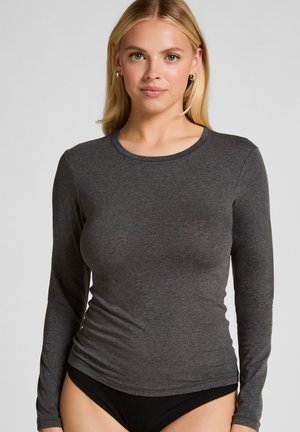 Long-sleeve dark gray top made of soft fabric with a round neckline. Slim fit with a smooth texture, paired with black bottoms.