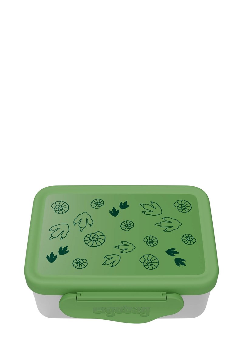 Grüne Kunststoffbrotbox mit einem hellgrauen Boden, versehen mit schwarzen Linienstichen von Dinosaurierfußabdrücken und Ammonitenmustern auf dem Deckel.