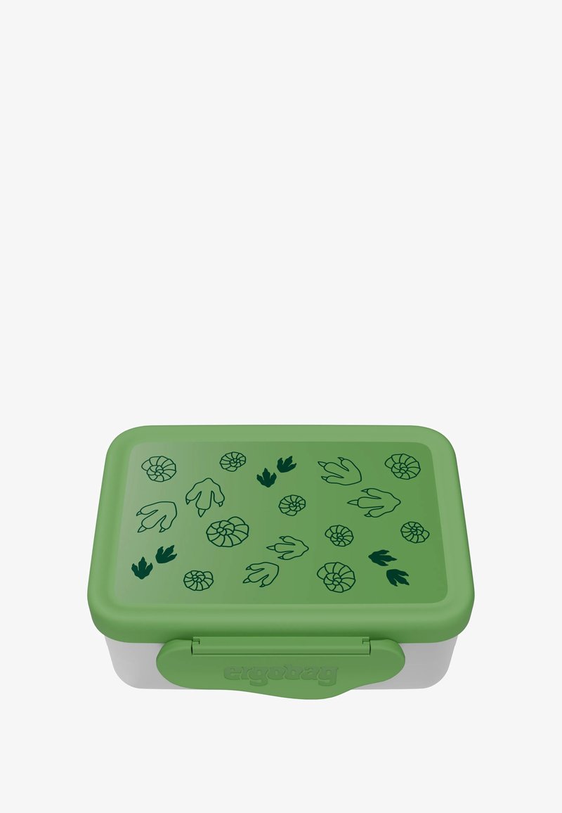 Grüne Kunststoffbrotbox mit einem hellgrauen Boden, versehen mit schwarzen Linienstichen von Dinosaurierfußabdrücken und Ammonitenmustern auf dem Deckel.