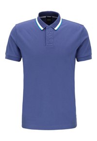 Polo in un blu reale uniforme, con colletto texture e accenti bianchi e blu chiaro, e un dettaglio logo tonale sul collo.