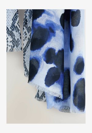 Viegls auduma šalle ar zilu un melnu abstraktu rakstu, ar frēzētu malām un gludu tekstūru.