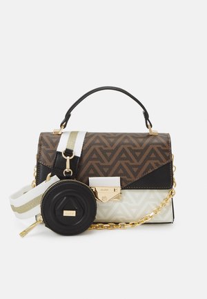 Brown and white patterned handbag with black handle, gold chain, white strap, and attached round black pouch with gold zipper and logo.