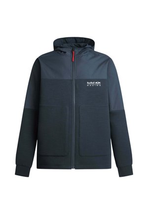 Chaqueta con capucha en azul oscuro con un diseño de bloques de color. Cuenta con un cierre frontal, dos grandes bolsillos y un logo de Red Bull Racing en el pecho.