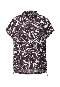 Chemise à manches courtes avec boutons en tissu léger, dotée d'un motif de feuilles noir et blanc et d'ourlets latéraux ajustables.