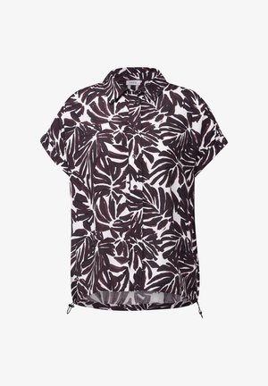 Kurzarm-Hemd mit Knopfleiste aus leichtem Stoff, mit einem schwarz-weißen Blättermuster und verstellbaren seitlichen Säumen.