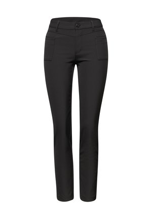 Schwarze, eng anliegende Hose mit Frontknopf- und Reißverschluss, Gürtelschlaufen und zwei aufgesetzten Vordertaschen, gerade geschnittene Beine.