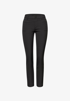 Sorte tætsiddende bukser med knap- og lynlåslukning foran, bæltestropper og to forlommer med patch-design, lige ben.