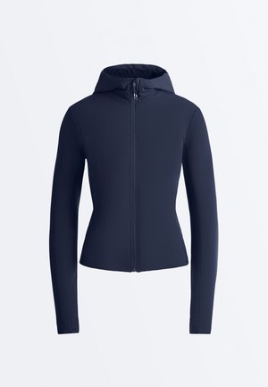 Navy blue fitted jacket with long sleeves, front zipper closure, and attached hood on a plain light background.