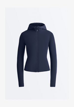 Navy blue fitted jacket with long sleeves, front zipper closure, and attached hood on a plain light background.