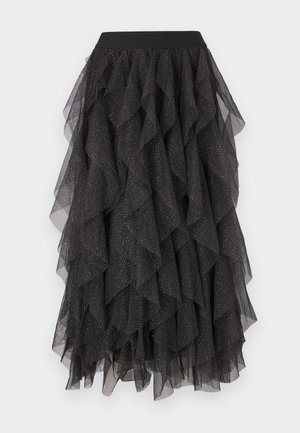 Black tiered tulle skirt with ruffled layers and a shimmering, silver speckled pattern. Features a black elastic waistband.