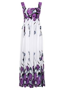 Robe maxi blanche sans manches avec imprimé floral violet et noir sur le corsage et l'ourlet, présentant un décolleté carré et des larges bretelles.