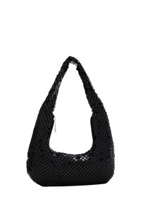 Borsa a spalla nera di paillettes con una forma hobo curvata. Presenta un manico singolo e una chiusura con zip. La texture riflettente aggiunge interesse visivo.