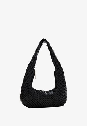 Borsa a spalla nera di paillettes con una forma hobo curvata. Presenta un manico singolo e una chiusura con zip. La texture riflettente aggiunge interesse visivo.