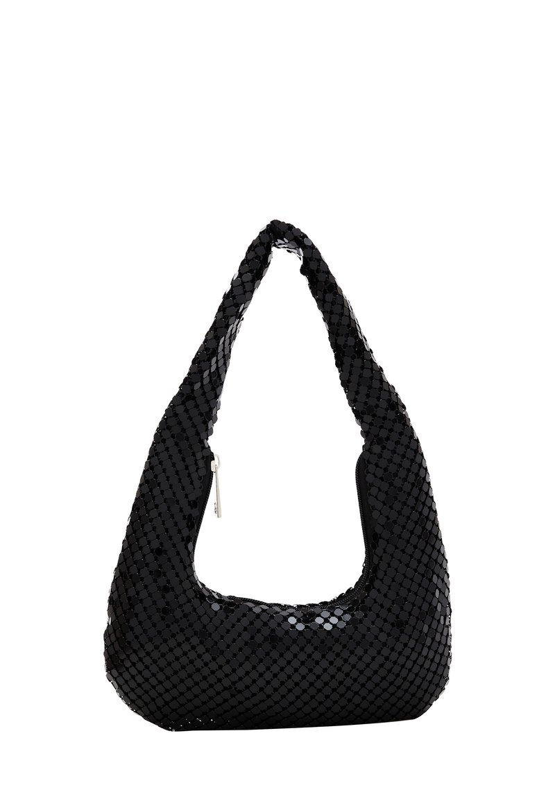 Borsa a spalla nera di paillettes con una forma hobo curvata. Presenta un manico singolo e una chiusura con zip. La texture riflettente aggiunge interesse visivo.