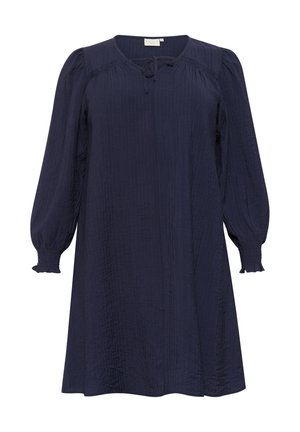 Navy blue, crinkled fabric dress with a round neckline, tie detail at the front, and long puff sleeves with smocked cuffs.