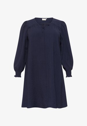 Navy blue, crinkled fabric dress with a round neckline, tie detail at the front, and long puff sleeves with smocked cuffs.