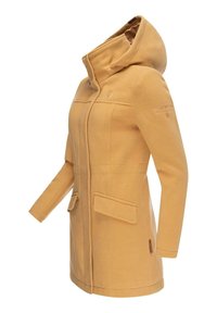 Yellow fleece jacket with a hood, two front pockets, and an embroidered logo on the sleeve. Smooth texture with a fitted design.
