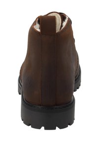 Bruine leren enkelboot met een gladde afwerking, gewatteerde kraag en robuuste zwarte rubberen zool. Voorzien van een logo op de achterkant.